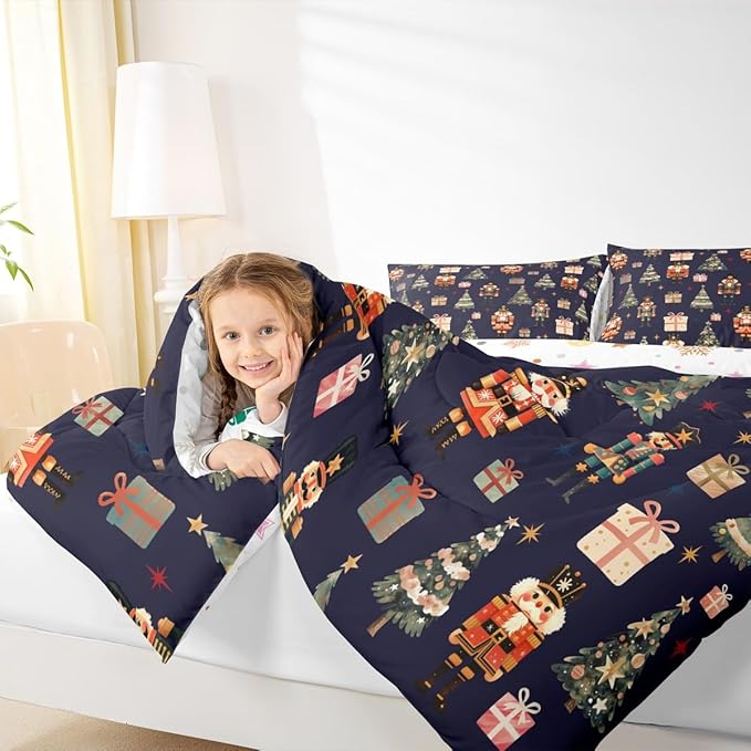 jejeloiu Xmas Nutcracker Comforter Set Toddler Size Christmas Dark Blue Bedding Set for Kids Boys Girls Cute Snowflakes Duvet Quilt Bedroom Decor