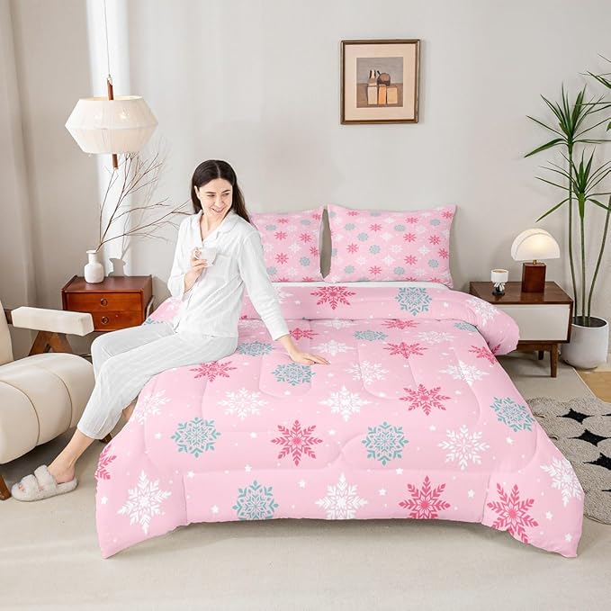 Feelyou Winter Snowflakes Bedding Set Soft for Boys Girls, Winter Holiday Comforter Set Full Size Frozen Snowflake Duvet Quilt Microfiber Pink Bedroom Decor 3 Pcs with 2 Pillow Cases