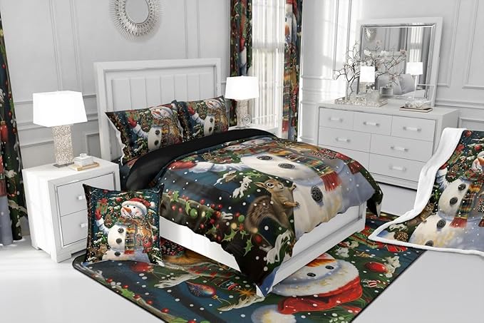 Feelyou Christmas Kids Comforter Set King Size Snowman Squirrel Bedding Set Snowflake Gift Duvet Quilt for Kids Boys Girls Bedroom Branch Berry Decor Microfiber Ultra Soft Breathable