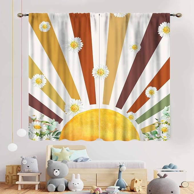 Boho Rainbow Curtains, Watercolor Bohemian Modern Abstract Daisy Floral Abstract Aesthetic Rainbow Blackout Window Treatments for Kids Girls Baby Bedroom Living Room Bathroom 2 Panels, 42"x54" Inch