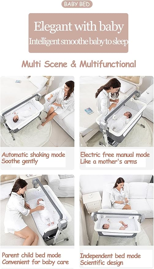 Electric Bluetooth Smart Baby Bedside Bassinet, Baby Bassinet Bedside Sleeper, Next to Me Crib with Wheels, Foldable Co-Sleeping Bed Bassinet for Newborn with 5 Swaying Gears and Remote (601 Khaki)