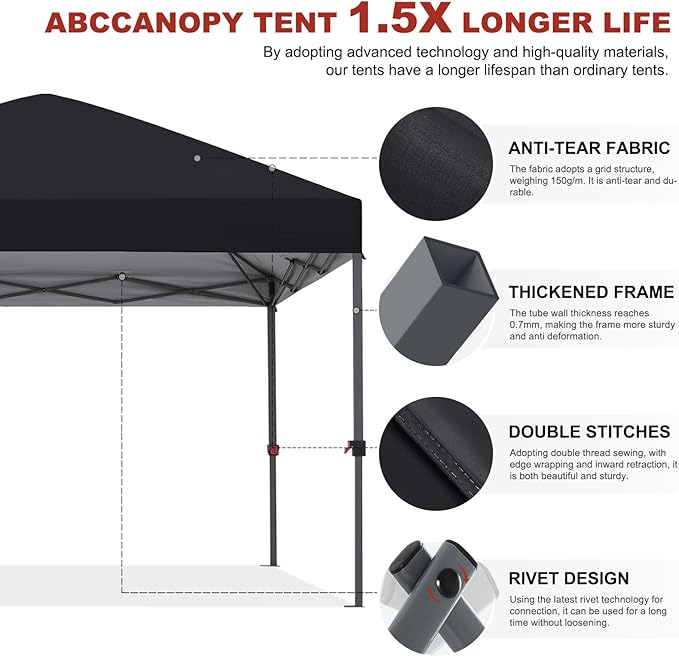 ABCCANOPY Pop Up Canopy - Outdoor Patio Portable Canopy Tent Heavy Duty for Backyard and Deck with 4 Sandbags(Dark Black, 10x10)