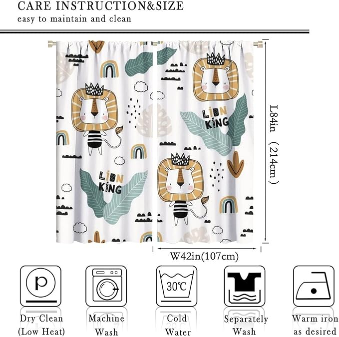 Cartoon Little Lion King Window Curtains for Baby Child,Cute Funny Forest Animals,Tropical Jungle Leaves Wildlife Boho Rainbow Print Blackout Drapes for Nursery Boys Girls Kids Bedroom 84x84in
