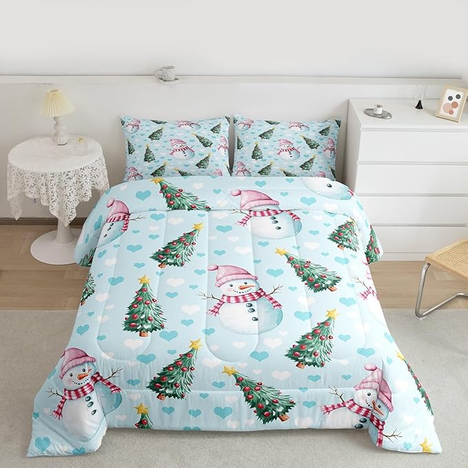Feelyou Merry Christmas Kids Comforter Set Toddler Size Cute Snowman Bedding Set Christmas Tree Duvet Quilt for Kids Boys Girls Bedroom Love Hearts Decor Microfiber Ultra Soft Breathable
