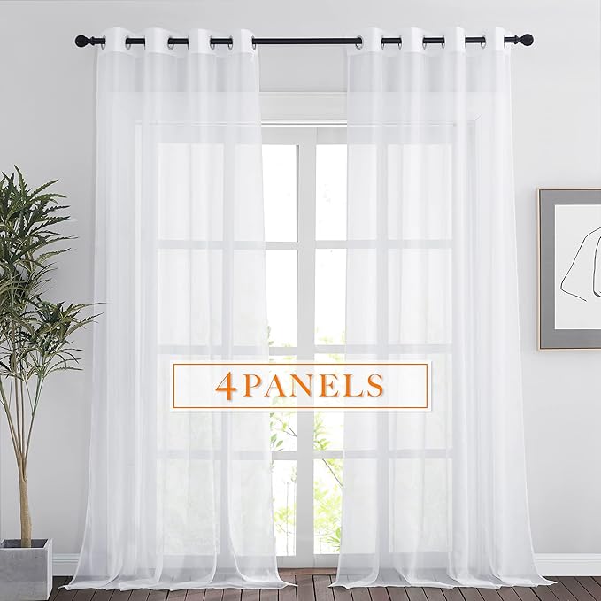 RYB HOME Sheer Curtains 4 Panels Set 108 Inches Long, Solid Voile Light Filtering Airy Curtains Window Treatment Drapes for Living Room, Elegant Bedroom Window Panels, White, Width 54, Grommet