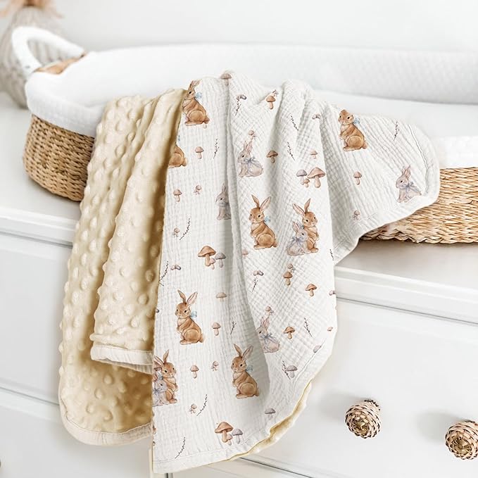 lulumoon Baby Blankets for Newborn Unisex: Thermal Minky Dotted Backing with Bunny Print - Muslin Receiving Blanket for Baby Essential & Registry Gift 30"x40"(Bunny)