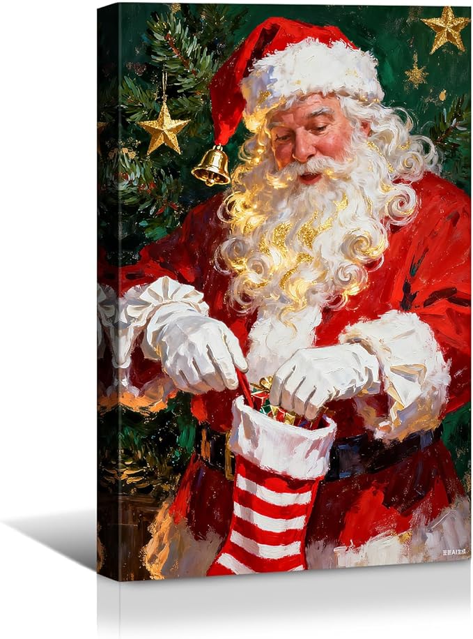 YONICA Christmas Canvas Wall Art Stocking Santa 12x16 Inch Oil Painting Filling Christmas Sock - Large Framed Gallery Wrapped Family Tradition