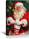 YONICA Christmas Canvas Wall Art Stocking Santa 36x46 Inch Oil Painting Filling Christmas Sock - Large Framed Gallery Wrapped Family Tradition