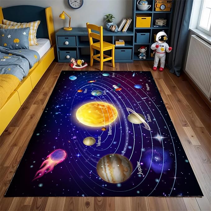 Solar System Planet Area Rug,5x8ft,Boys and Girls Room Large Play Mat, Suitable for Children's Room Bedroom, Classroom, Daycare Center, Kindergarten, Non-Slip Washable Carpet