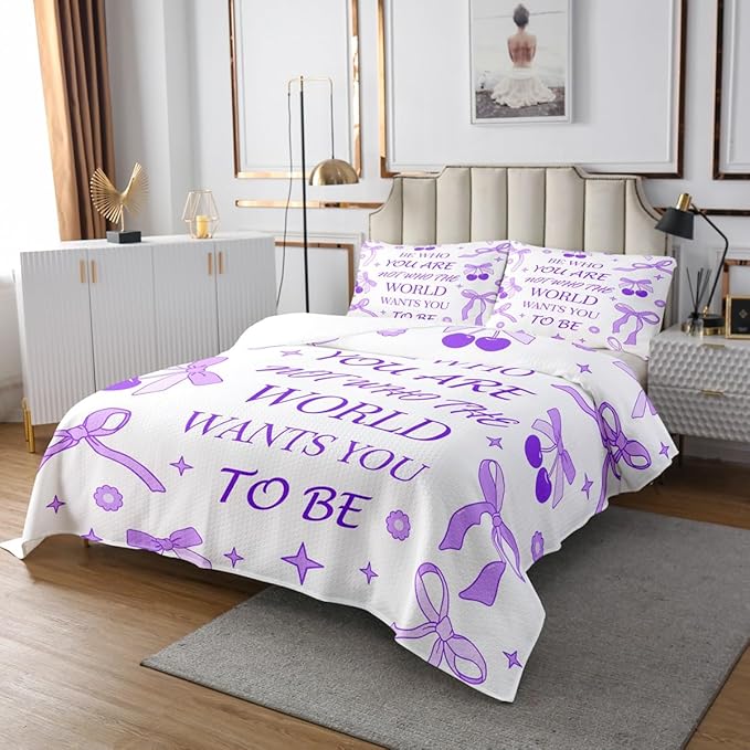 Purple Bowknot Kids Bedspread Queen Size,Cherry Tropical Fruit Stars Daisy Cute Coverlet Set,Girls Women Room Decor,Bow Tie Cartoon Princess Quilted Coverlet,Romantic Bedding Quilt,2 Pillowcases