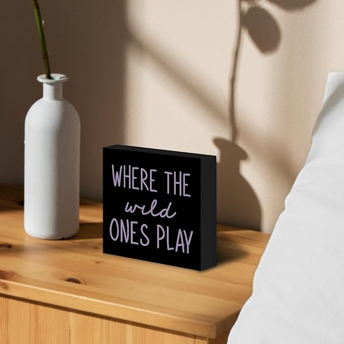 Where The Wild Ones Play Black Purple Wood Box Sign Desk Decor 5X5, Nursery Kids Room Wooden Block Sign Decorations for Playroom Toddler Room Wall Tabletop Shelf Decor