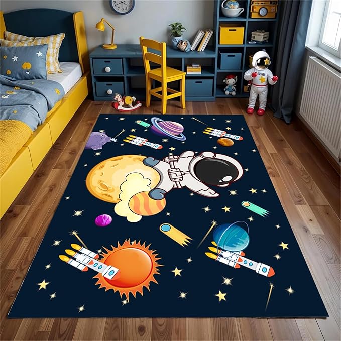 4x6ft Kids Space Themed Area Rug - with Spaceman, Rocket and Planet Design, Non-Slip Washable, Easy Care Rug, Suitable for Kids Playroom, Boys and Girls Room Decor