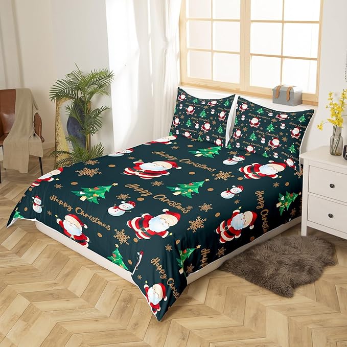 Christmas Duvet Cover Set Queen Size, Santa Claus Xmas Trees Snowman Sonwflake Comforter Cover with 2 Pillowcases, New Year Theme Bedding Set for Kids Boy Girl Lightweight Bedspread Cover,No Comforter