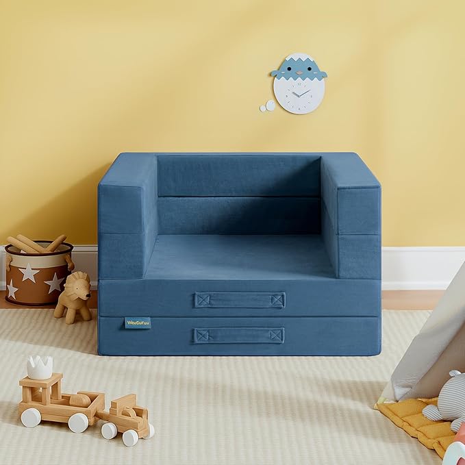 Travel Toddler Bed, 3-in-1 Convertible Sofa Bed for Toddler Portable Floor Beds, Flip Open Sofa Lounger for Girls and Boys, Made with High-Density Foam and Washable Cover,Blue
