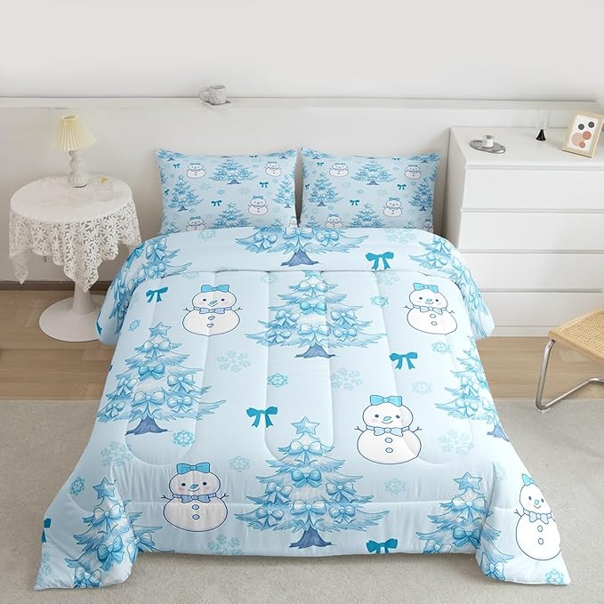 Feelyou Merry Christmas Comforter Set Queen Size Cute Snowman Bedding Set for Kids Boys Girls Cartoon Bowknot Duvet Quilt Christmas Tree Microfiber 3 Pcs with 2 Pillow Cases