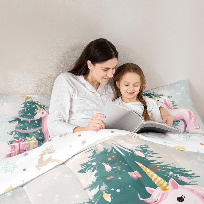 Feelyou Merry Christmas Comforter Set Toddler Size Cute Unicorn Bedding Set for Kids Boys Girls Gift Duvet Quilt Christmas Tree Bedroom Decor Microfiber 2 Pcs with 1 Pillow Cases