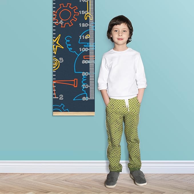 Kids Growth Chart Ruler for Wall Wood Frame Height Measure Chart 13.4x56 in Linen Hanging Height Growth Chart Robot Space Rocket Spaceship Kids Room Decor