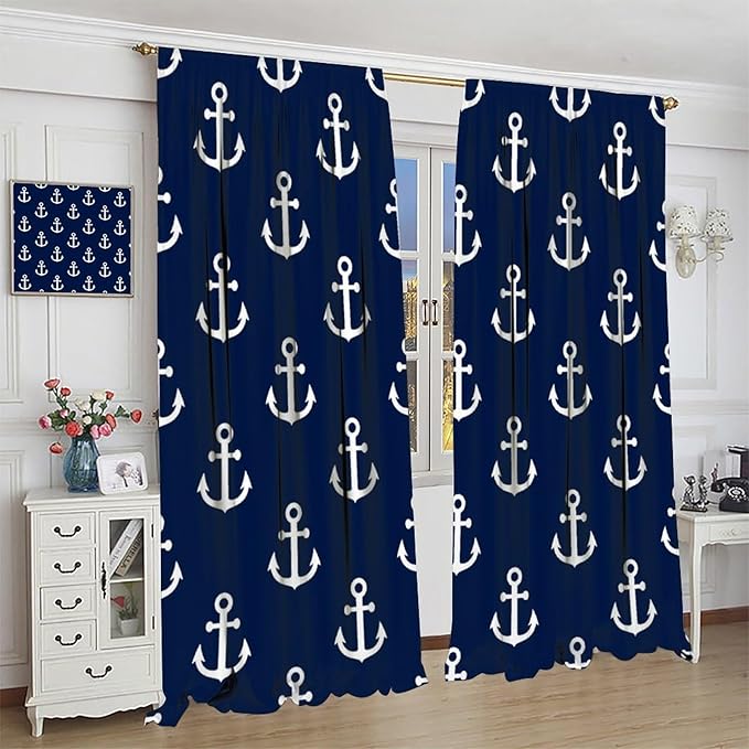Nautical Costal Curtains,MarineThemed Oceanic Anchor Pattern Blackout Print Home Bedroom Living Room Window Treatments 2 Panel Set 72x63 Inch