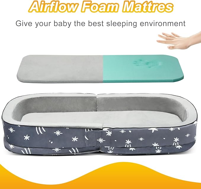 Lvimilio Portable Toddler Travel Bed, Foldable Kids Floor Bed for Home/Travel with Foam Mattres, Toddler Cot for Kids Aged 1-4, Velvet Fabric