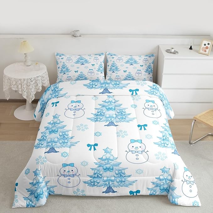 Feelyou Merry Christmas Bedding Set Soft for Boys Girls, Cute Snowman Comforter Set Twin Size Cartoon Bowknot Duvet Quilt Microfiber Christmas Tree 2 Pcs with 1 Pillow Cases