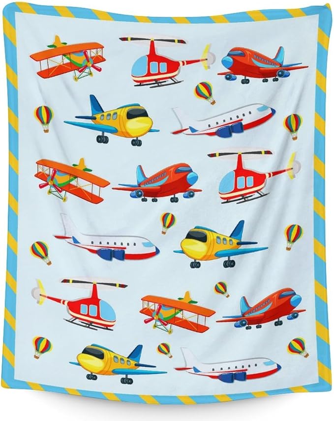 Cute Throw Blanket for Adults - 60" x 80" Inches Airplane Throw Gifts for Boys - Blue Warm Cozy Aircraft Blanket for Bed, Couch, Travel