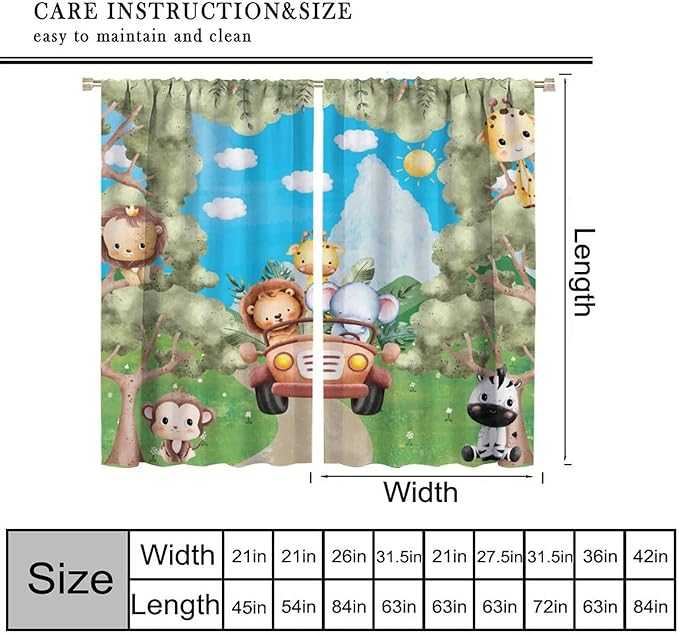 Jungle Animals Curtains, Cartoon Safari Animals Tropical Forest Leaf Blackout Window Treatments, Rod Pocket Thermal Insulated Drapes 2 Panel Sets for Kids Bedroom Nursery Classroom, 63"W X 72"L
