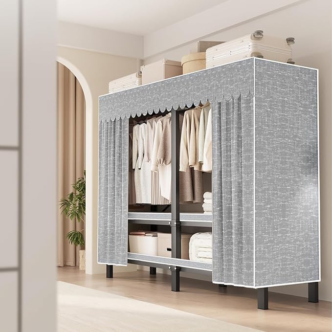 FPIGSHS Heavy Duty Clothes Rack with Cover Foldable Covered Clothes Rack for Hanging Clothes portable Wardrobe Closet System Freestanding Coat Storage Garment Racks for bedroom (grey, 75in)