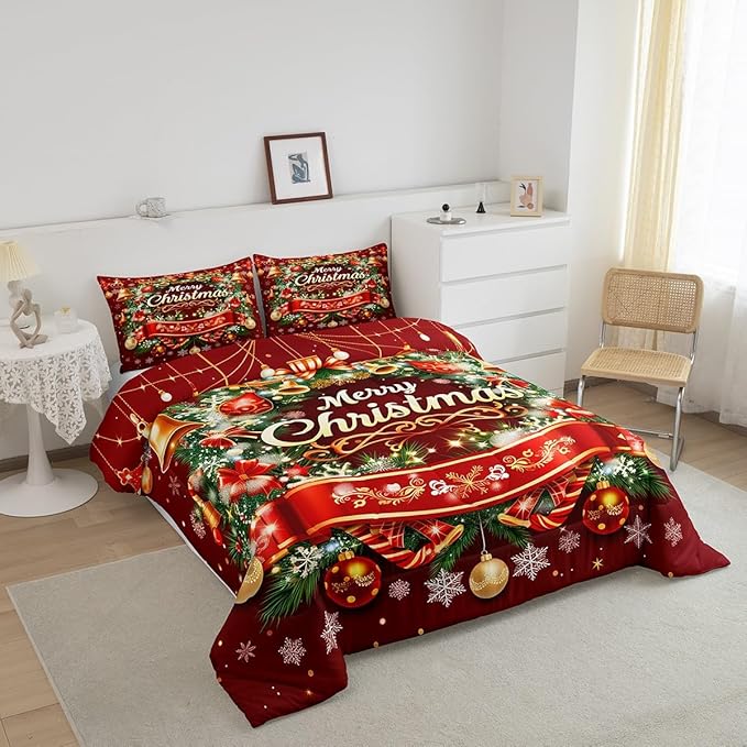 Merry Christmas Comforter Set King Size,Christmas Wreath Snowflake Duvet Insert for Kids Boys Girls Room Decor,Red Xmas Ball Glitter Bedding Set 3Pcs,Merry Christmas Theme Quilt Set,2 Pillowcases