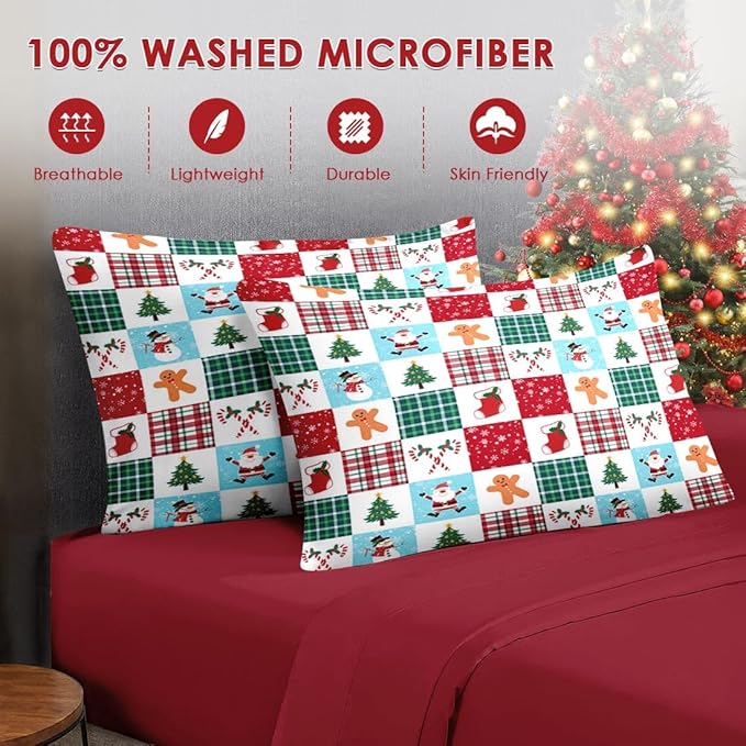 7 Pcs King Size Christmas Comforter Set with 2 Pillowcases & 2 Shams, Colorful Plaid Snowman Bedding for Kids and Adults, Cute Gingerbread Man Bed in a Bag with Flat Fitted Sheet