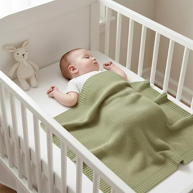 Baby Knit Blanket Soft Cotton Lightweight Newborn Blanket for Crib Stroller Toddler Nursery Shower Gift Cozy Breathable Travel Swaddle Wrap Sage Green 36 x 28 Inches
