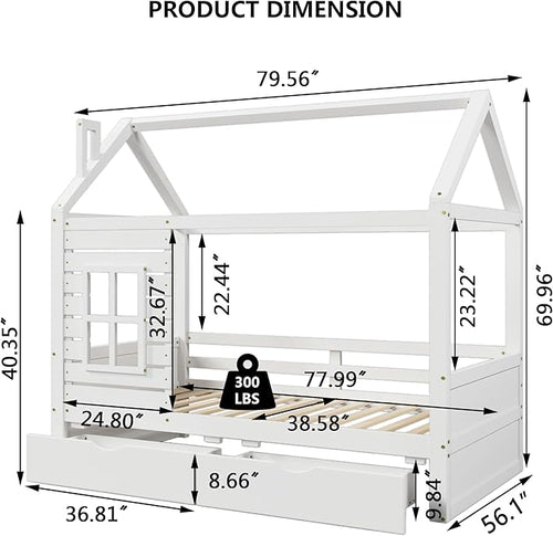 Aoowow Full Size Kids House Bed with 2 Drawers, Wooden Full Bed Frame with Window and Roof for Bedroom, Modern Full Size Kid Playhouse Daybed with Slats for Boys Girls, Can be Decorated, Full-White