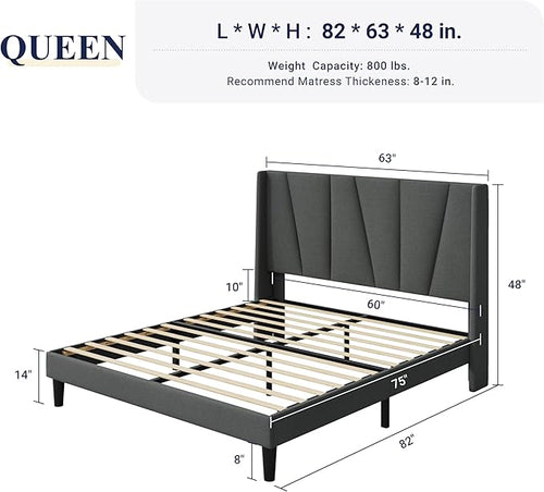 Allewie Queen Size Platform Bed Frame with Geometric Wingback Headboard, Boho Upholstered Bed with Wooden Slats Support, No Box Spring Needed, Easy Assembly, Dark Grey