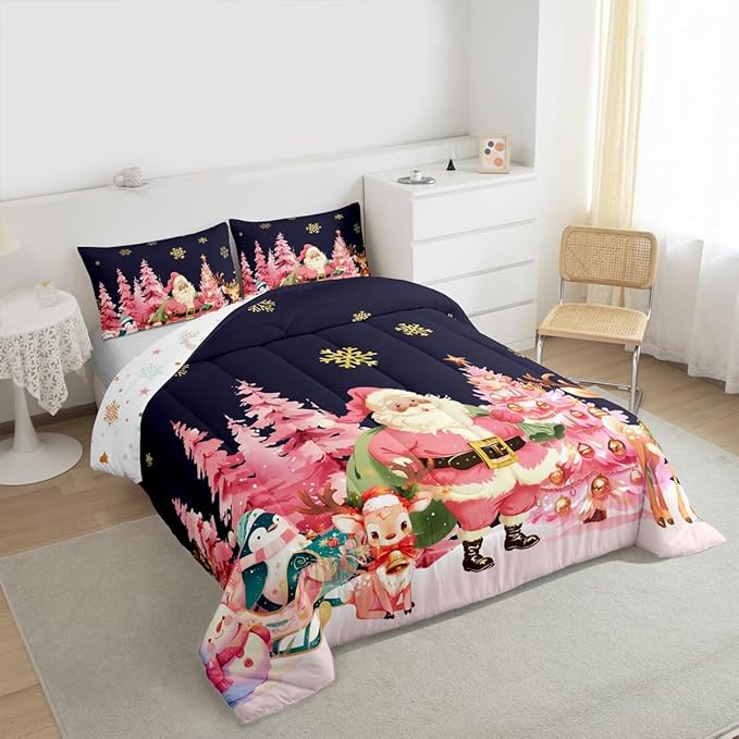 jejeloiu Merry Christmas Comforter Set Full Size Santa Claus Bedding Set for Kids Boys Girls Cute Deer Duvet Quilt Dark Blue Bedroom Decor