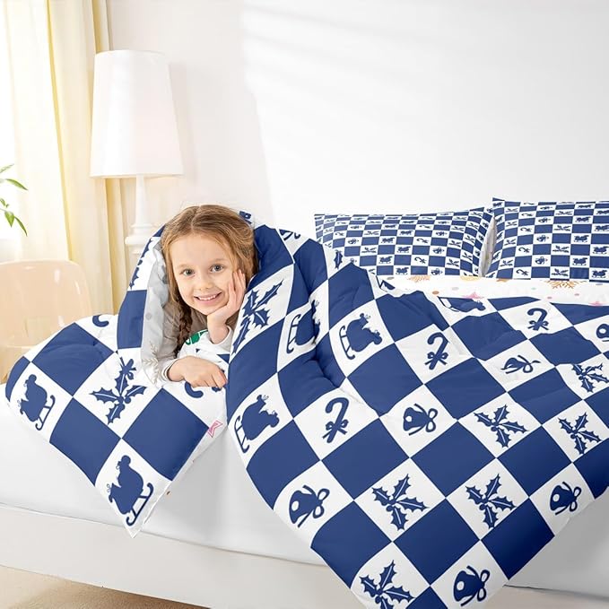 Feelyou Christmas Comforter Set All Season Checkered Pattern Bedding Set with 2 Pillow Cases Holiday Theme Kids King Bedclothes Xmas Decor Room Decor Blue Duvet Quilt Breathable Soft Lightweight