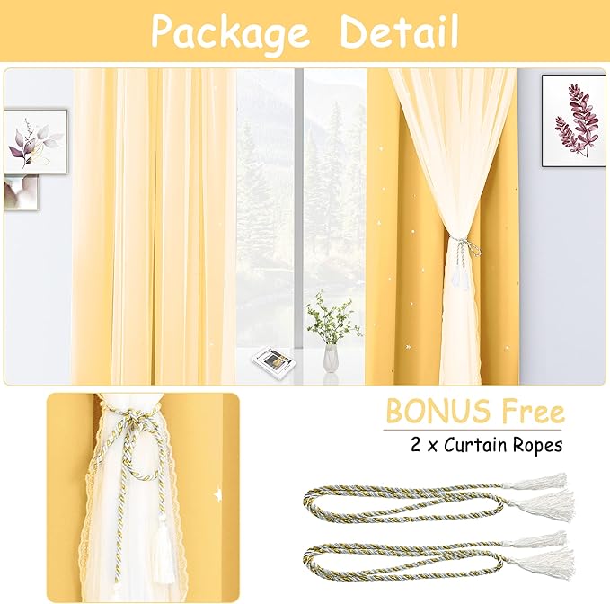 Kinryb Blackout Curtains for Girl Bedroom/Living Room/Classroom, Sheer Overlay 63 Inches 2 Panel Set, Double Layer Curtains with Star Cutout for Kids Room(W 52 x L 63 Inches,Yellow 2 Pcs)