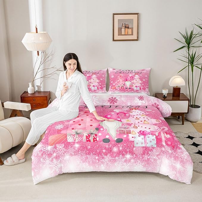 Castle Fairy Girly Christmas Full Size Comforter Set,Pink Gnome Xmas Pine Trees Gift Bedding Comforters Bedroom Collection,Snowflake Stars Glitter Sparkling Bedding Set for Girls Teens