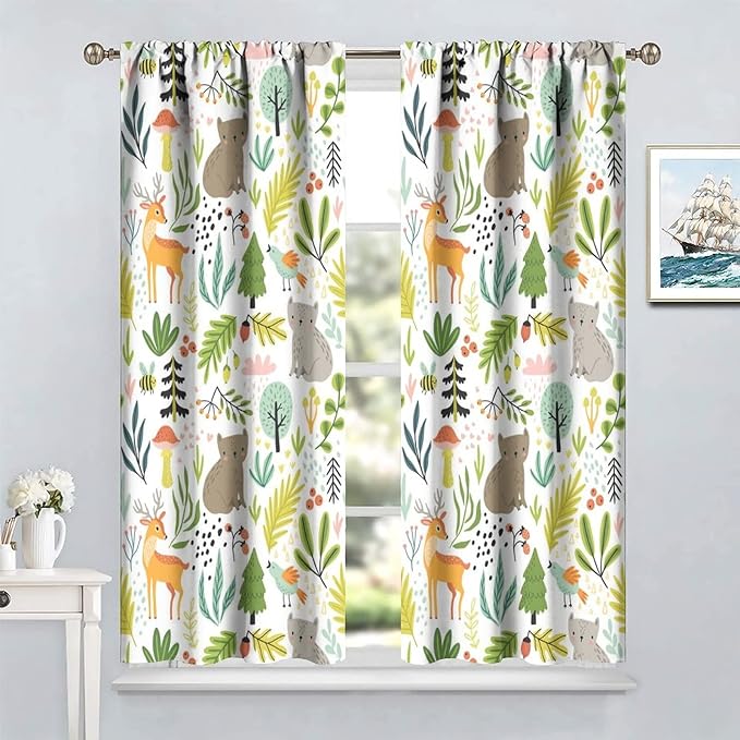 Cartoon Forest Kids Blackout Curtains,Cute Woodland Wild Animals Colorful Deer Plants Trees Print Pattern Thermal Insulation Window Drapes for Nursery Boys Girls Bedroom,White Background 72x63in