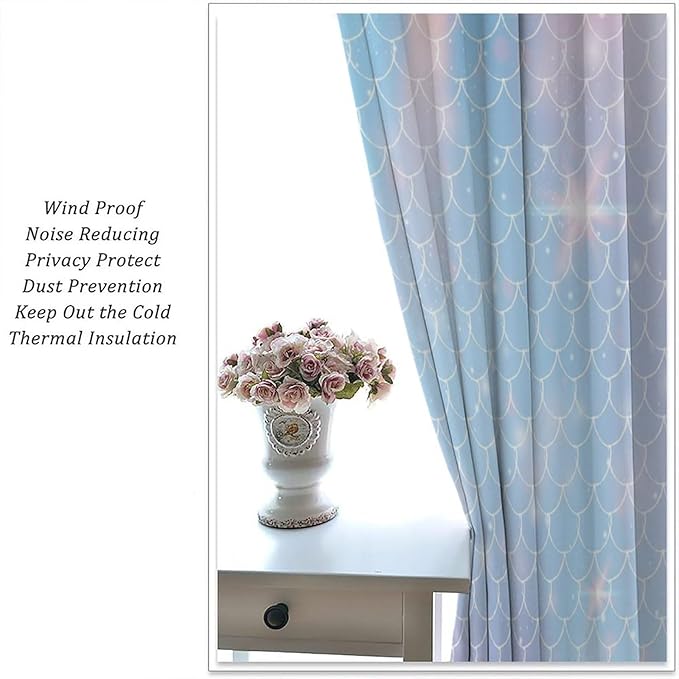 Mermaid Curtains, Kids Cartoon Watercolor Sea Animals Mermaid Princess Scales Pattern Print Living Room Decoration for Kids Girls Bedroom Nursery 42x44 Inch