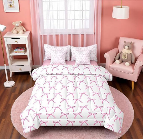 7 Pieces Cartoon Bowknot Kids Comforter Queen,Pink Bow Tie Butterfly Knot Princess Bedding Set,Watercolor Bow Patchwork Pink White（Comforter+Fitted+Flat Sheet+2 Pillowcases+2 Throw Pillow Covers）