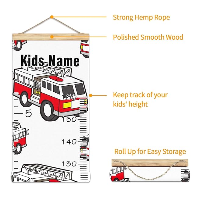 Personalized Kids Name Growth Chart Ruler for Wall Wood Frame Height Measure Chart 13.4x56 in Linen Hanging Height Growth Chart Fire Truck Kids Room Decor