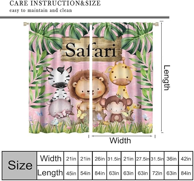 Kids Safari Animals Curtains, Cartoon Wildlife Tropical Leaf Pink Blackout Window Treatments, Rod Pocket Thermal Insulated Drapes 2 Panel Sets for Bedroom Nursery Classroom, 72" W X 63" L