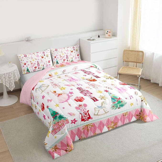 Feelyou Pink Christmas Kids Comforter Set Full Size Ballet Nutcracker Bedding Set Snowflake Duvet Quilt for Kids Boys Girls Bedroom Decor Microfiber Ultra Soft Breathable