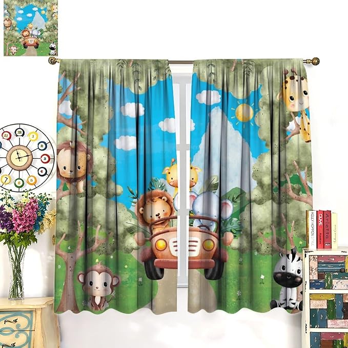 Jungle Animals Curtains, Cartoon Safari Animals Tropical Forest Leaf Blackout Window Treatments, Rod Pocket Thermal Insulated Drapes 2 Panel Sets for Kids Bedroom Nursery Classroom, 84"W X 84"L