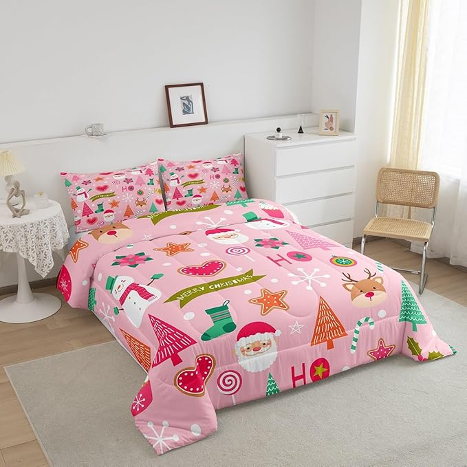Merry Christmas Kids Comforter Set Queen Size,Cute Santa Claus Snowman Deer Bedding Set,Boys Girls Adults Room Decor,Snowflake Christmas Trees Down Comforter,Pink Xmas Duvet Insert,2 Pillowcases
