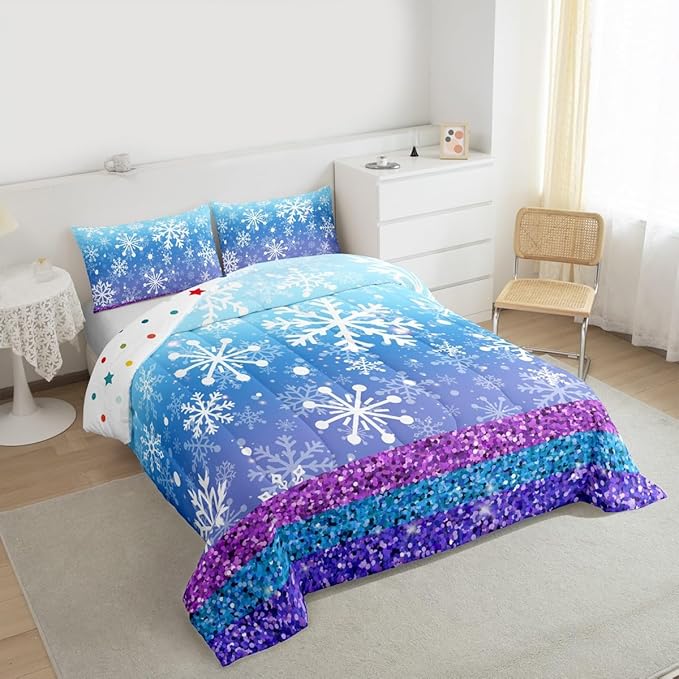 Feelyou Winter Snowflake Comforter Set All Season Glitter Print Bedding Set with 2 Pillow Cases Christmas Microfiber Kids King Bedclothes Holiday New Year Bedroom Decor Duvet Quilt Soft Lightweight