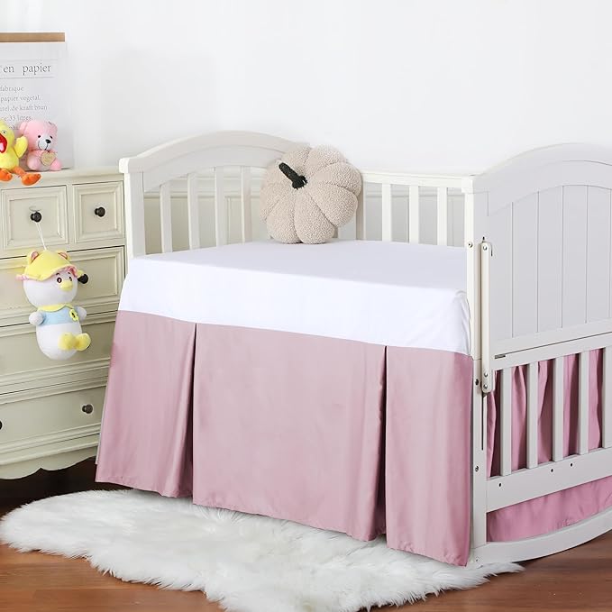 Crib Skirt Dust Ruffle, 100% Egyptian Cotton 400 Thread Count Soft Breathable Crib Bedding Skirt for Baby, Boys and Girls, 52"X28" with 14" Crib Bed Skirt Fading Resistant (Pink Solid)