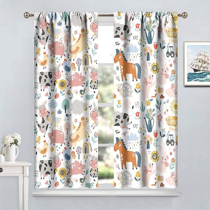 Farm Animal Curtains for Kids, Cartoon Cute Wild Animal Window Treatments Woodland Farmhouse Cow Horse Pig Window Drapes for Girls Boys Nursery Toddler Bedroom 42x63in
