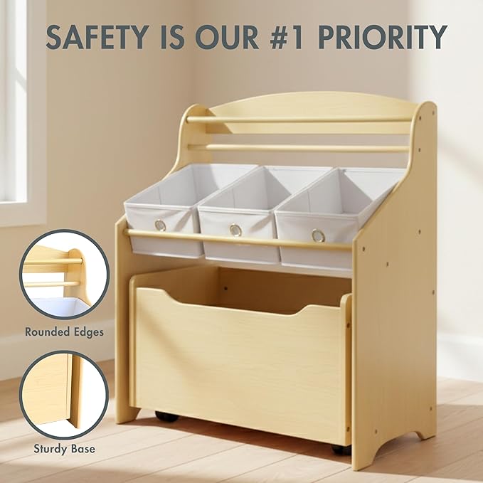 Humble Crew 3-in-1 Kids Bookshelf and Toy Storage Organizer, Natural/White - Toddler Organizers with Rolling Toy Box and 3 Fabric Bins – Sturdy Baby Book Shelf, Perfect for Nursery and Playroom