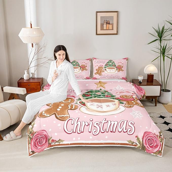 Feelyou Merry Christmas Comforter Set Twin Size Gingerbread Man Bedding Set for Kids Boys Girls Xmas Duvet Quilt Christmas Decor Bedroom Decor Microfiber 2 Pcs with 1 Pillow Cases