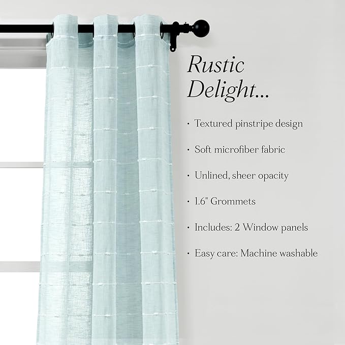 Lush Decor Farmhouse Textured Grommet Sheer Window Curtain Panel Pair, 38"W x 84"L, Blue